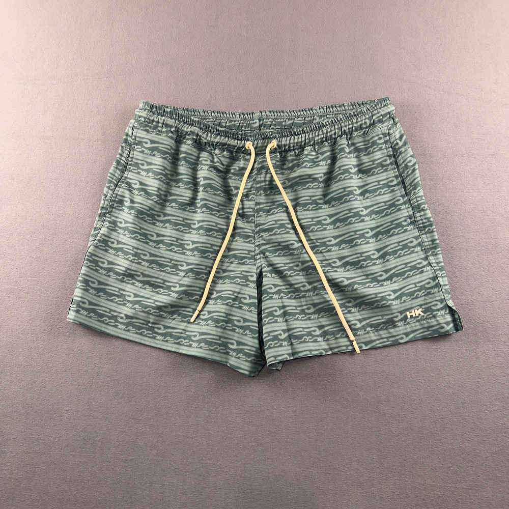 Humankind Mens Swim Trunks Green Wave Print Board Shorts Large 5 Inch Inseam